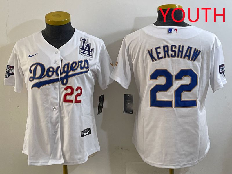 Youth Los Angeles Dodgers 22 Kershaw White Gold Game 2025 Nike MLB Jersey style 5